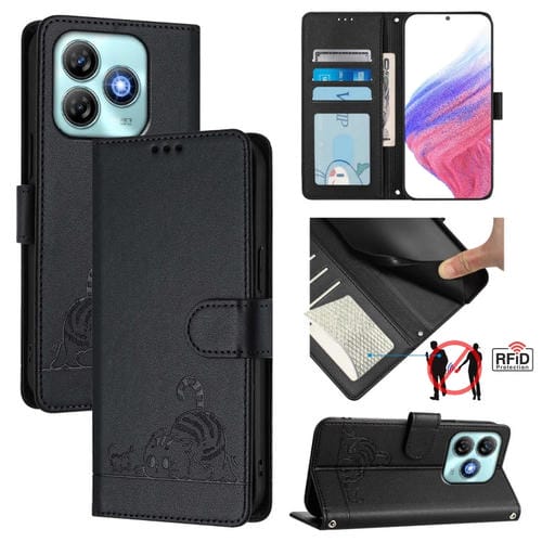 Funda de Cuero Rfid para ZTE Blade A75 4G con Estampado de Rata y Gato y Cordón (Negro)