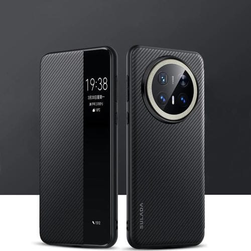 Funda de Cuero Sulada con Ventana Inteligente y Textura Kevlar 600D para Huawei Mate 70 Pro/Mate 70 Pro+ (Negra)