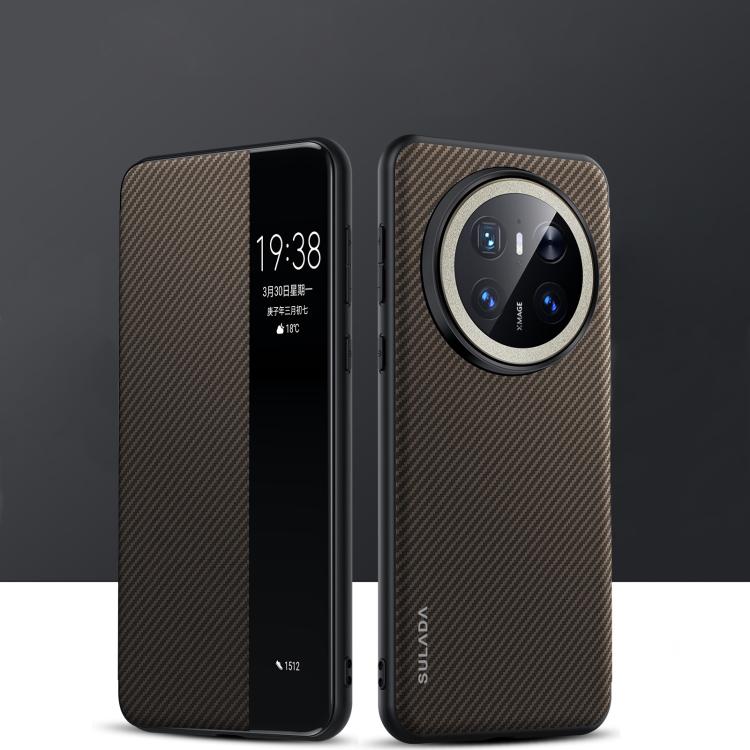 Funda de Cuero con Ventana Inteligente y Textura Kevlar 600D para Huawei Mate 70 (Marrón)