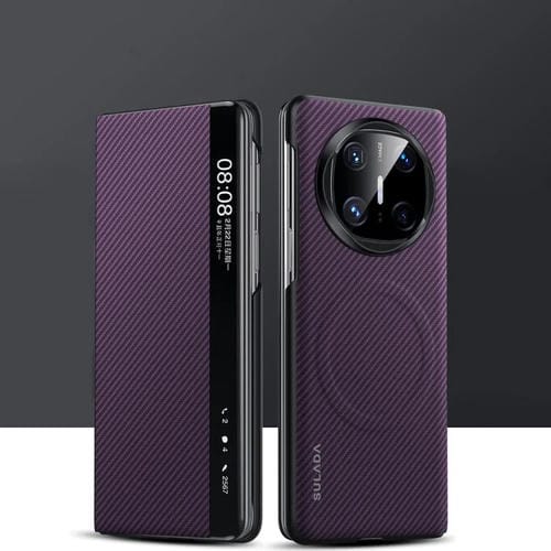 Funda de Cuero con Ventana Inteligente y Textura Kevlar 600D para Huawei Mate X6 (Morado)