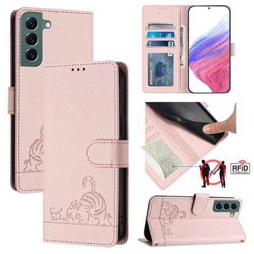 Estuche para teléfono Samsung Galaxy S22+ 5G con patrón en relieve RFID PU y correa para muñeca (Rosa)