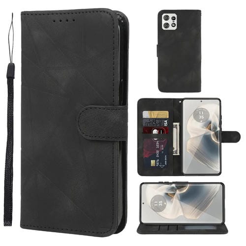 Funda de Cuero Motorola Edge 50 Pro con Diseño Geométrico y Líneas (Negra)