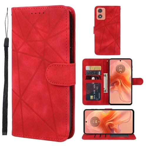 Funda de Cuero para Motorola Moto G04 con Líneas Geométricas y Tacto Suave (Rojo)