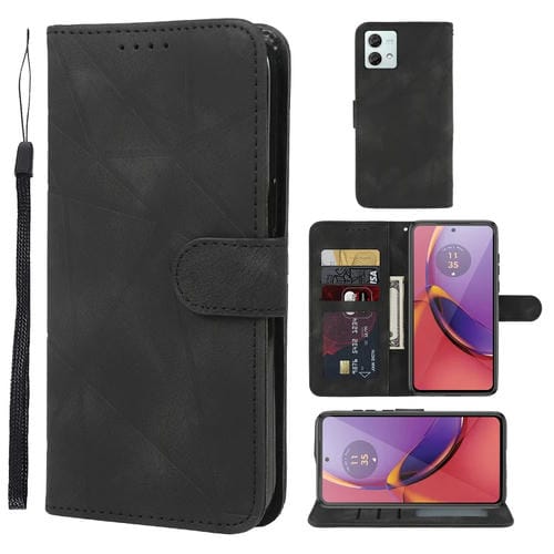 Funda de Cuero para Motorola Moto G84 con Líneas Geométricas y Tacto Suave (Negro)