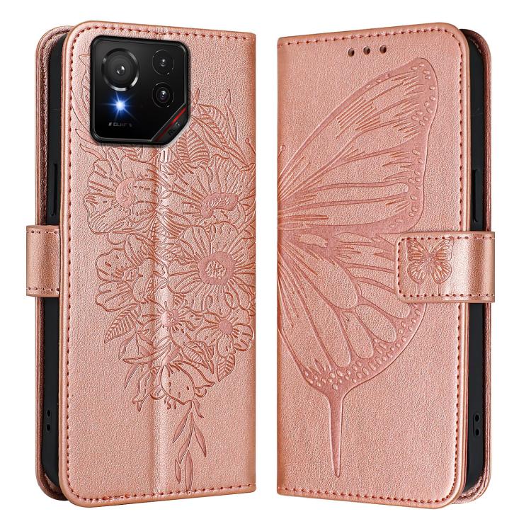 Funda de Cuero Asus Rog Phone 9/9 Pro con Diseño de Mariposa en Relieve (Oro Rosa)