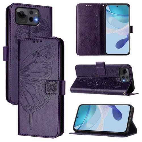 Funda de Piel Asus Zenfone 12 Ultra con Diseño Mariposa en Relieve (Morado Oscuro)