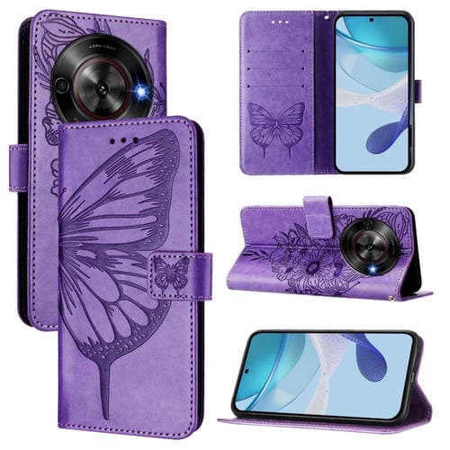 Funda de Cuero para ZTE Blade A75 5G Nubia Focus con Diseño Mariposa En Relieve (Morado)