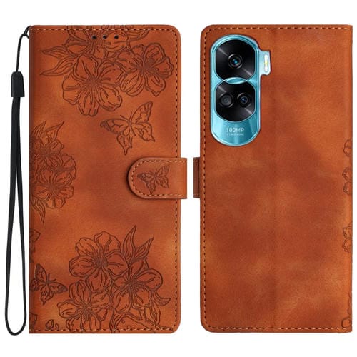 Funda para Honor 90 Lite 5G Cherry Blossom Butterfly Skin Feel de PU en Relieve (Marrón)