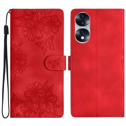 Estuche para Honor 70 Cherry Blossom Butterfly Skin Feel de PU en Relieve (Rojo)