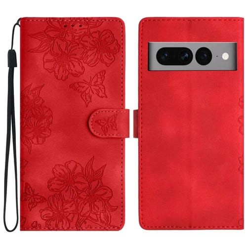 Funda para Google Pixel 7 Pro 5G Cherry Blossom Butterfly Skin Feel en PU Relieve (Rojo)