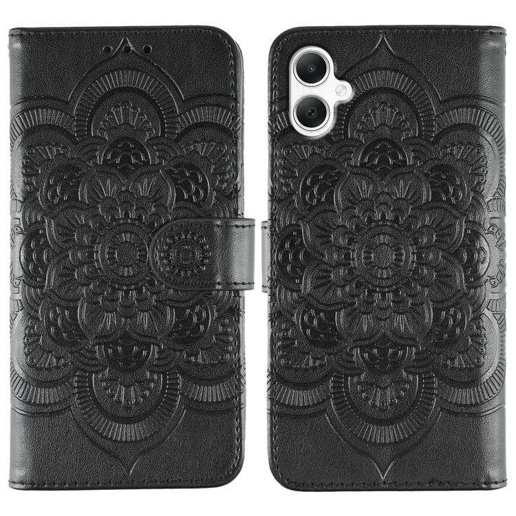Funda de cuero con estampado de mandala y sol para Samsung Galaxy A05 (negra)