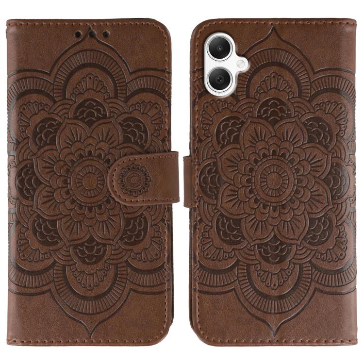 Funda de cuero con estampado de mandala y sol para Samsung Galaxy A05 (marrón)