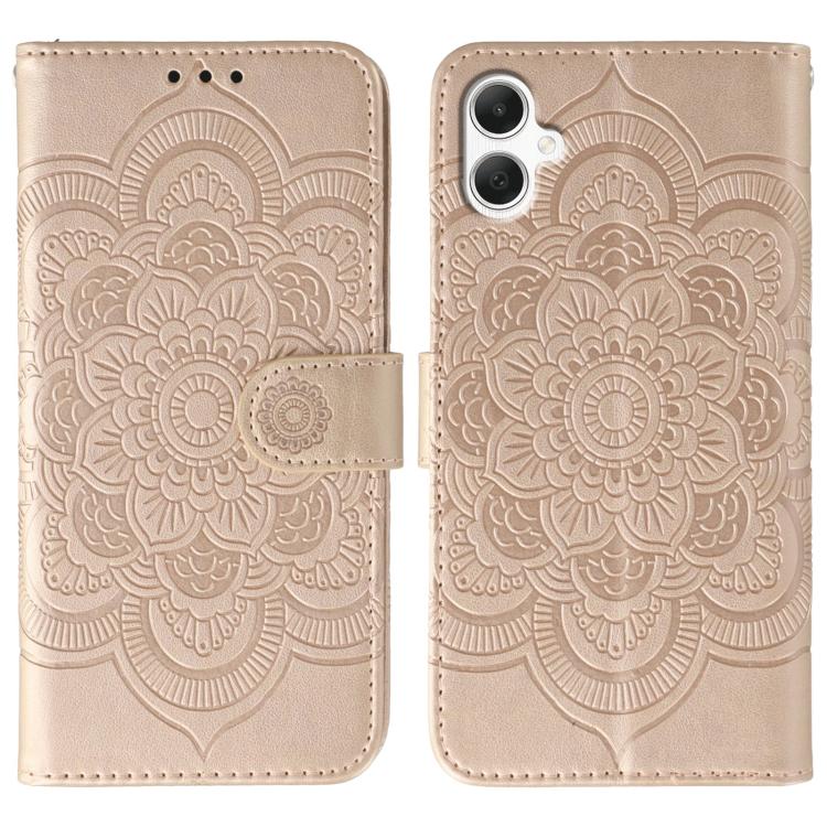 Funda de cuero con estampado de mandala y sol para Samsung Galaxy A05 (oro rosa)