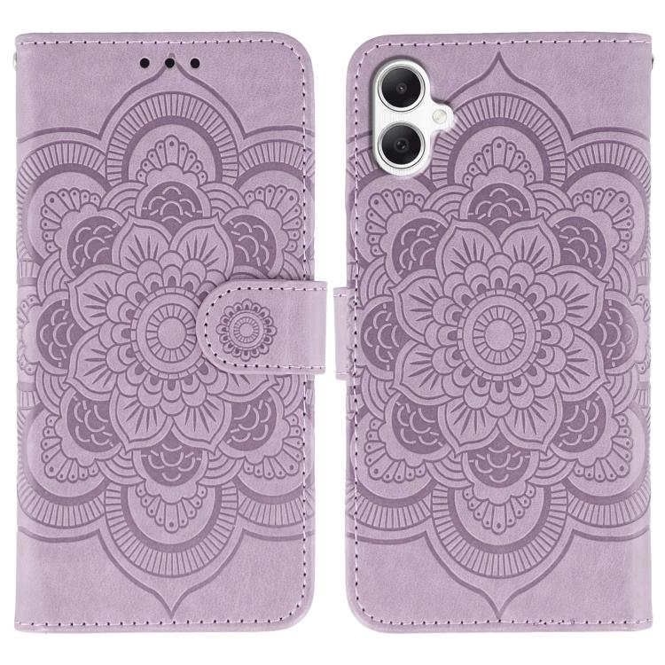 Funda de cuero con estampado de mandala y sol para Samsung Galaxy A05 (morado)