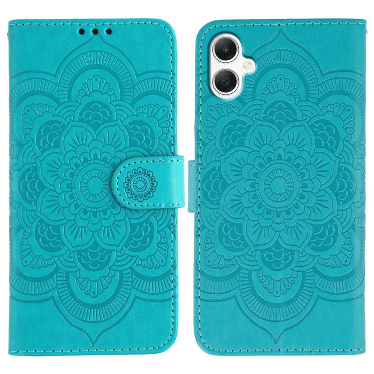 Funda de cuero con estampado de mandala y sol para Samsung Galaxy A05 (azul)