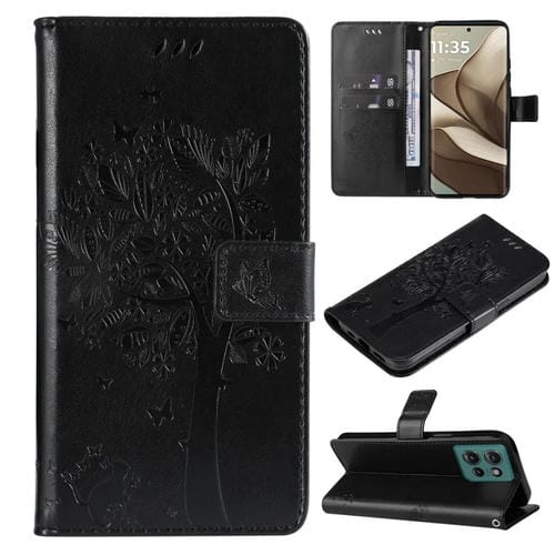 Funda de Cuero con Tapa para Motorola Edge 50 5G con Diseño de Árbol y Gato en Relieve (Negra)