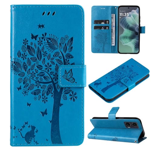 Funda de Cuero con Tapa para Motorola Moto G35 con Diseño Árbol y Gato en Relieve (Azul)