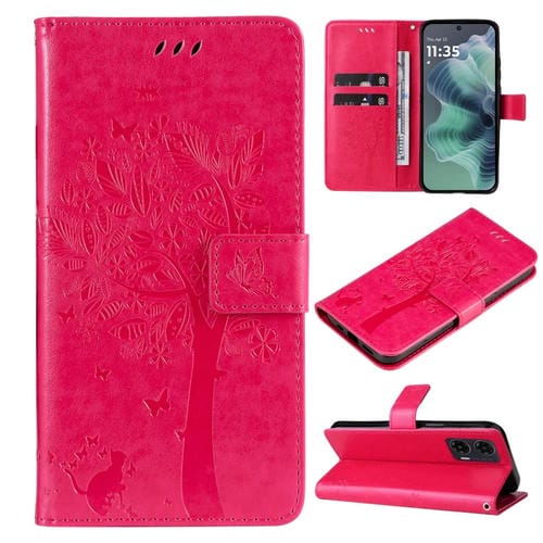 Funda de Cuero con Tapa para Motorola Moto G35 con Diseño Árbol y Gato en Relieve (Rosa Rojo)