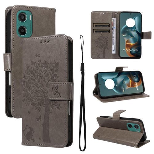Funda de Cuero con Tapa para Motorola Moto G05 con Diseño de Árbol y Gato en Relieve (Gris)
