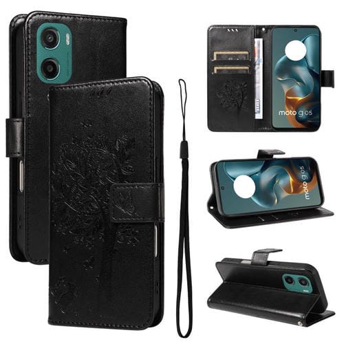 Funda de Cuero con Tapa para Motorola Moto G05 con Diseño Árbol y Gato (Negro)