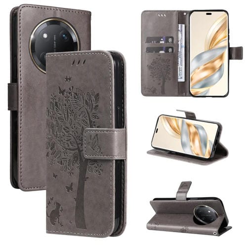 Funda de Cuero con Tapa para Honor X9C 5G Global con Estampado de Árbol y Gato (Gris)