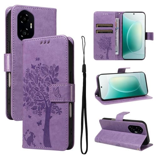 Funda de Cuero con Tapa para Honor 300 con Diseño de Árbol y Gato en Relieve (Morado Claro)