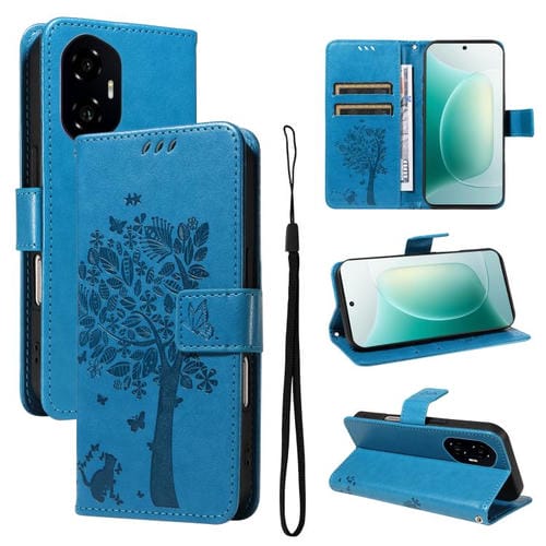 Funda de Cuero con Tapa para Honor 300 con Diseño Árbol y Gato en Relieve (Azul)