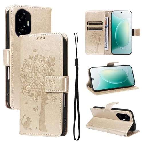 Funda de Cuero con Tapa para Honor 300 Diseño Árbol y Gato en Relieve (Dorada)