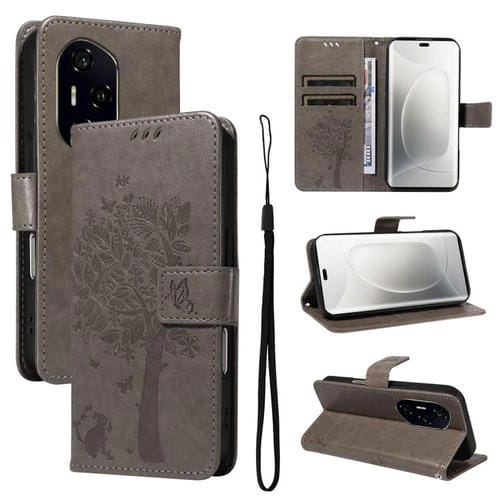 Funda de Cuero con Tapa para Honor 300 Pro/300 Ultra con Diseño Árbol y Gato (Gris)