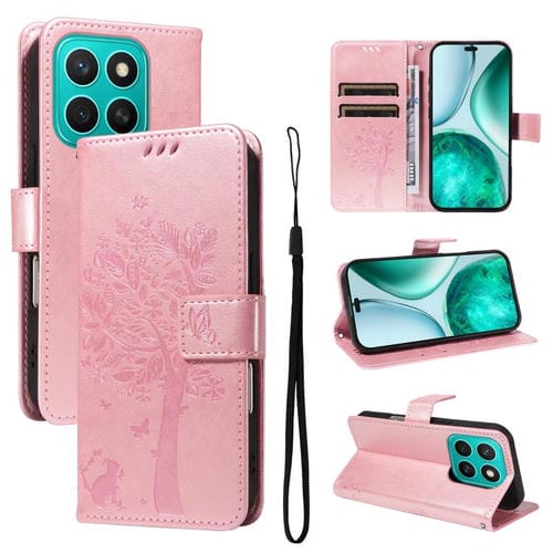 Funda de Cuero con Tapa para Honor X8C 4G Global con Diseño de Árbol y Gato (Oro Rosa)