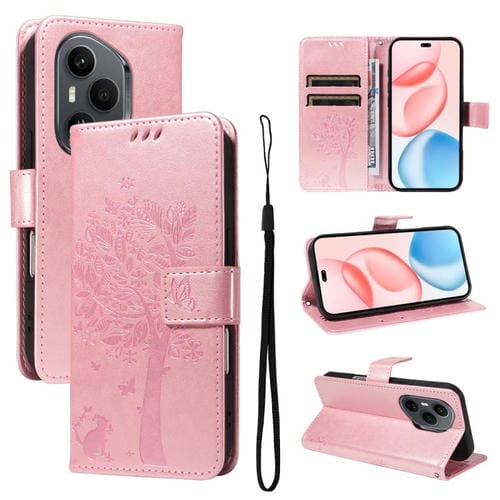 Funda de cuero con tapa para Honor 400 Pro Global (160,8 mm), diseño de árbol y gato en relieve (oro rosa)