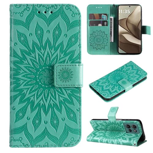 Funda de Cuero con Tapa para Motorola Edge 50 5G con Diseño de Girasol en Relieve (Verde)