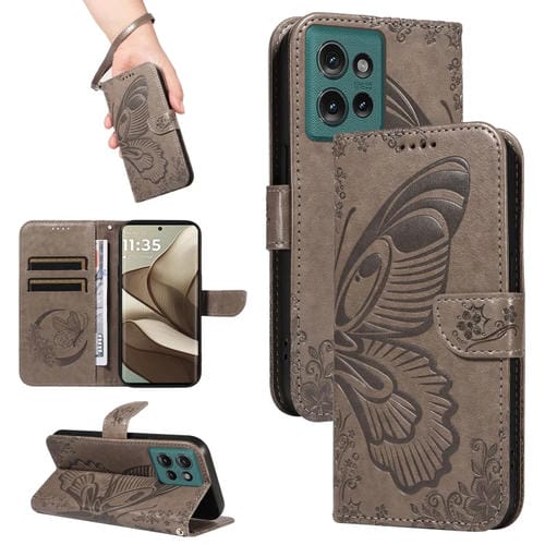 Funda de Cuero con Relieve de Mariposa para Motorola Edge 50 5G (Gris)
