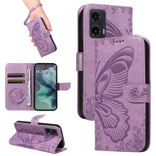 Funda de Cuero con Relieve de Mariposa para Motorola Moto G35 (Morado)