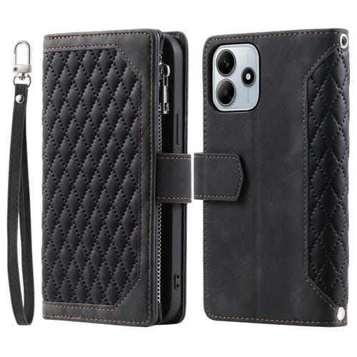 Funda de Cuero con Cremallera y Textura de Cuadrícula para Xiaomi Redmi Note 14 5G con Cordón (Negro)