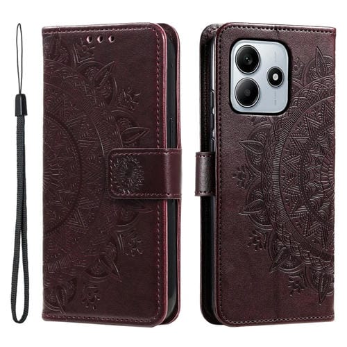 Funda de Cuero con Relieve de Flores y Tótem para Xiaomi Redmi Note 14 5G con Cordón (Marrón)
