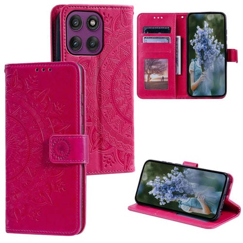 Funda de cuero con relieve de flor tótem y cordón para Motorola Edge 60 Pro (roja)