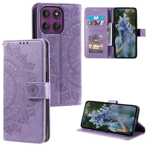 Funda de cuero con relieve de flor tótem y cordón para Motorola Edge 60 Pro (morado)