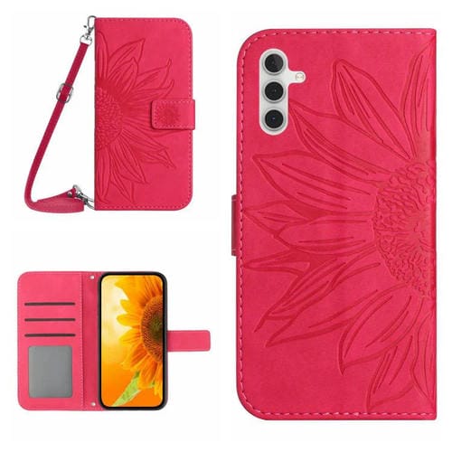 Funda de piel con tapa y cordón para Samsung Galaxy S25 FE 5G, con diseño de girasoles en relieve (rosa y rojo)