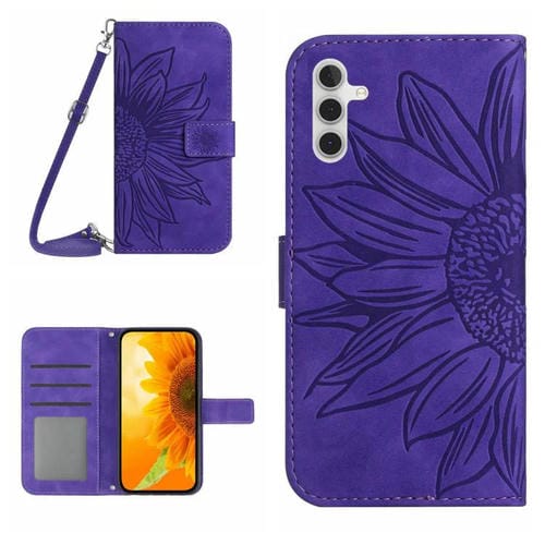 Funda de piel con tapa y cordón para Samsung Galaxy S25 FE 5G, con diseño de girasoles en relieve (morado oscuro)