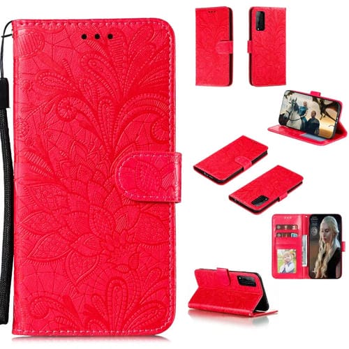 Para Huawei Honor Play 4T Pro Lace Flower Funda de cuero con tapa horizontal con soporte y ranuras para tarjetas, billetera y marco de fotos (rojo)