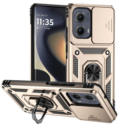 Funda para Teléfono Motorola Edge 5G 2024 con Soporte Deslizante y Protector de Pantalla (Dorada)