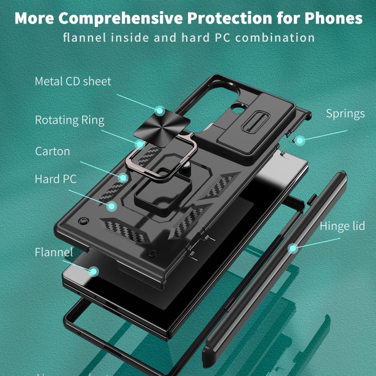 Funda con bisagra y ventana deslizante para Samsung Galaxy Z Fold7 5G con soporte de anillo (negra)