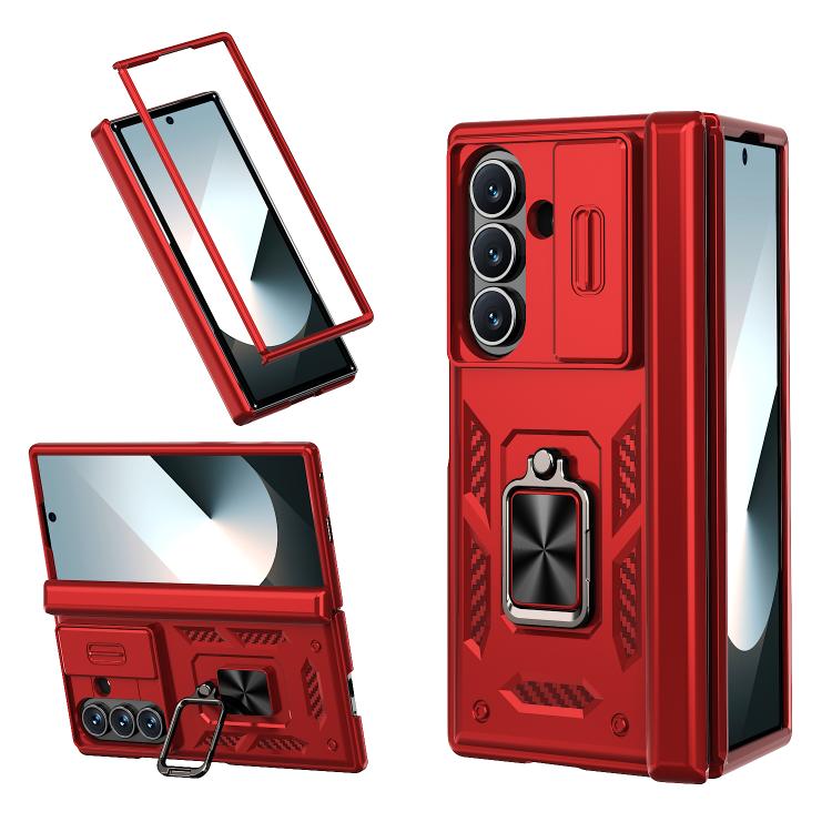 Funda con bisagra y ventana deslizante para Samsung Galaxy Z Fold7 5G con soporte de anillo (roja)