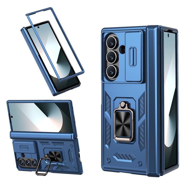 Funda con bisagra y ventana deslizante para Samsung Galaxy Z Fold7 5G con soporte de anillo (azul)