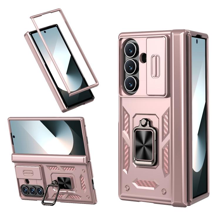 Funda con bisagra y ventana deslizante para Samsung Galaxy Z Fold7 5G con soporte de aro (oro rosa)