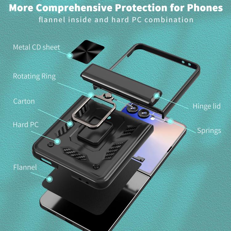 Funda con bisagra y ventana deslizante para Samsung Galaxy Z Flip7 5G con soporte de aro (negra)