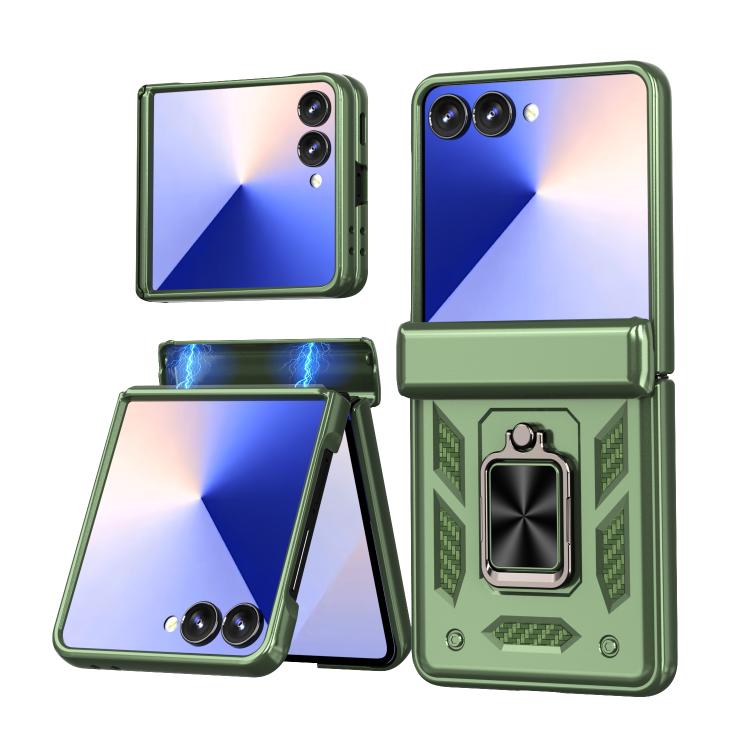 Funda con bisagra y ventana deslizante para Samsung Galaxy Z Flip7 5G con soporte de aro (verde)