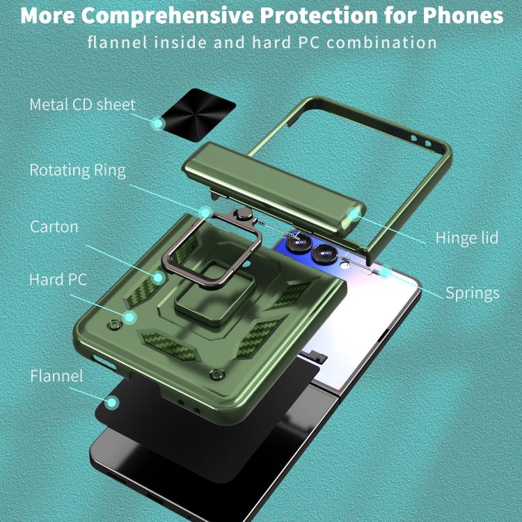 Funda con bisagra y ventana deslizante para Samsung Galaxy Z Flip7 5G con soporte de aro (verde)