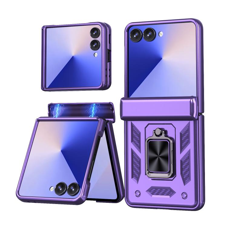Funda con bisagra y ventana deslizante para Samsung Galaxy Z Flip7 5G con soporte de aro (morado)